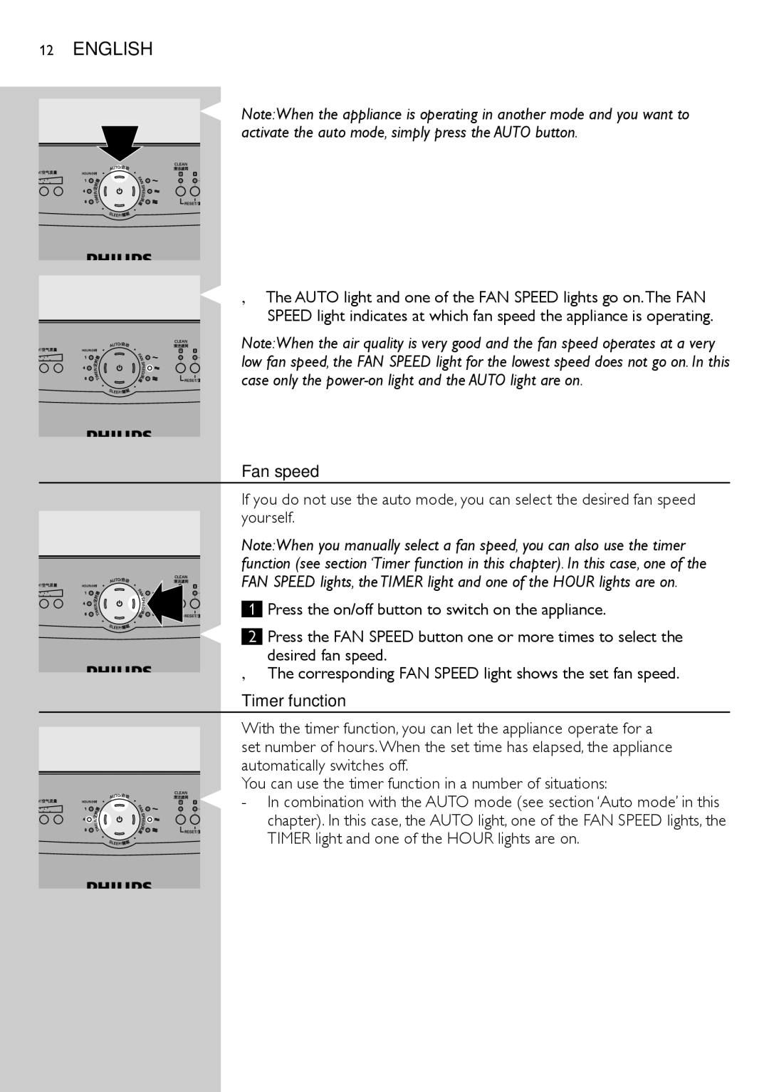 Philips AC4002 manual Fan speed, Timer function 